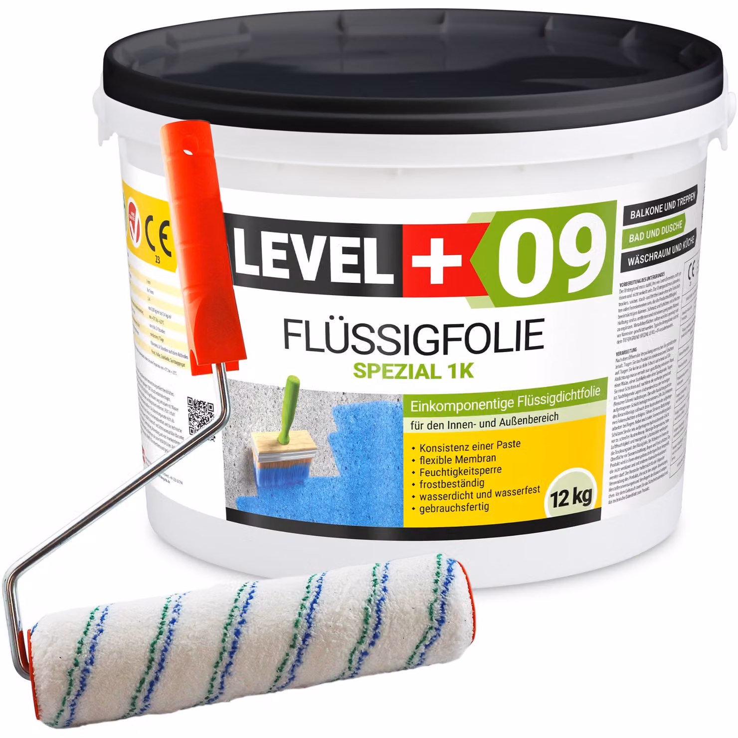 Set di rulli da pittura 25 cm + Membrana impermeabilizzante liquida flessibile Balcone Bagno 12 kg LEVEL PLUS 09