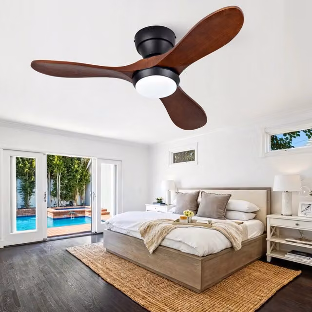 Ventilatore da soffitto moderno in metallo e legno con luce LED regolabile e telecomando, nero e noce scuro, 91,44 cm