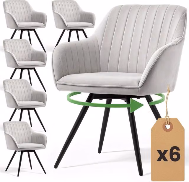 Set di 6 Sedie girevoli in velluto con cuciture TURNO Grigio gambe nere