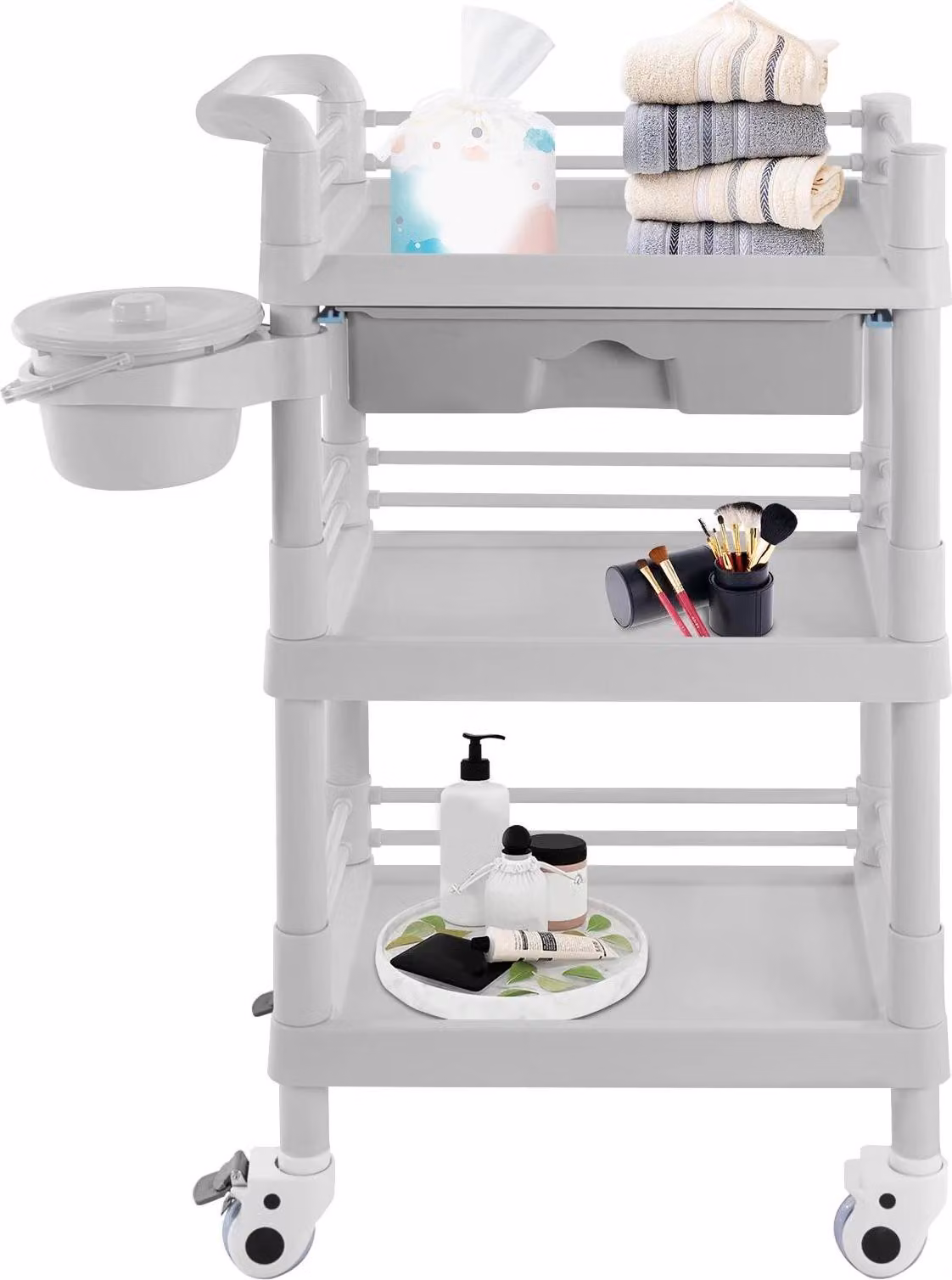 Carrello da salone - 3 ripiani - Struttura senza giunture - Ruote silenziose da 20 dB - Apertura per i rifiuti da 19 cm - Telaio in plastica - Grigio