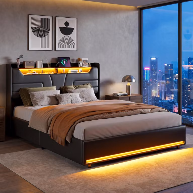 Letto imbottito INONEFT, 140x200 cm, con spazio contenitore, letto per ragazzi/matrimoniale con funzione di ricarica USB e LED, letto con sistema di sollevamento idraulico e rete a doghe, rivestito in PU, colore nero