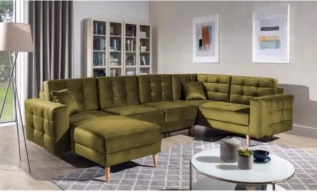 Divano angolare panoramico convertibile HASGARD verde con contenitore in velluto L: 326 cm, P: 169 cm, H: 93 cm – 1