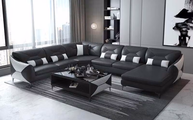 Groß Wohnlandschaft Sofa U-Form Ecksofa Ledersofa Schwarz Kunstleder