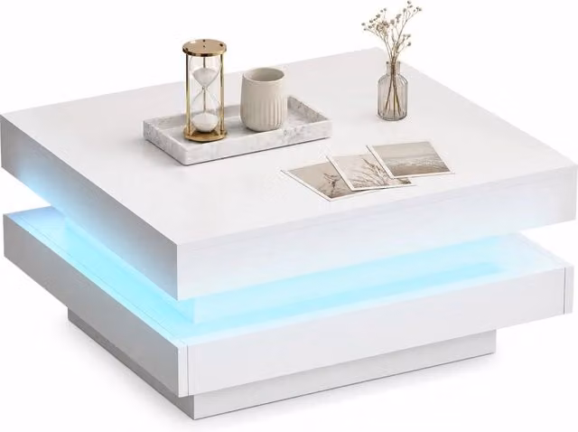 Tavolo da salotto quadrato REDOM bianco lucido con tecnologia LED Bluetooth e controllo APP L/P/H: 70 x 70 x 36 cm – 1