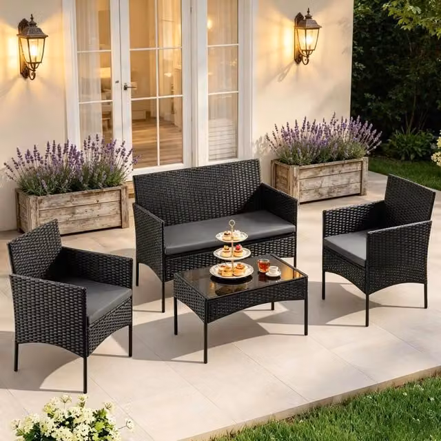 Set Mobili da Giardino in PE Rattan per 4 Persone con Divano, Poltrone e Tavolino in Vetro Temperato Nero