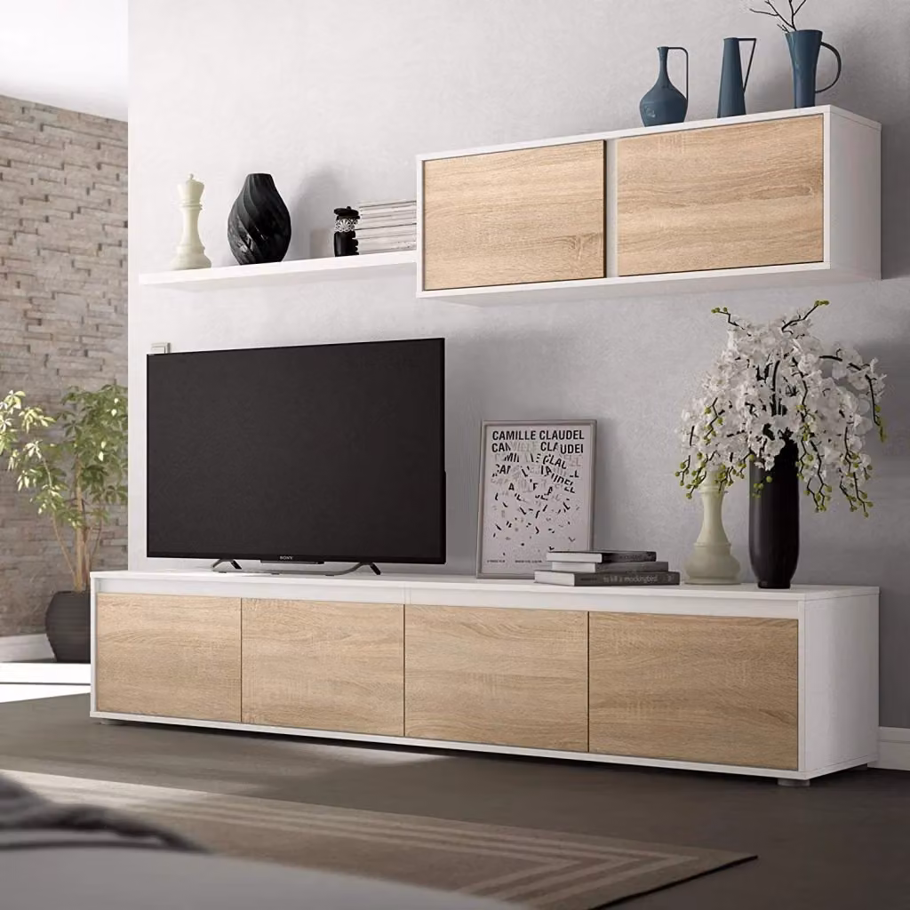Parete Attrezzata per Soggiorno Odessa Arreditaly con Mobile TV, 4 Ante, Pensile con Pistoni a Gas e Mensola Sospesa, Design Moderno Salvaspazio, Bianco Lucido e Rovere, L: 200 cm, P: 43 cm, H: 41 cm – 2