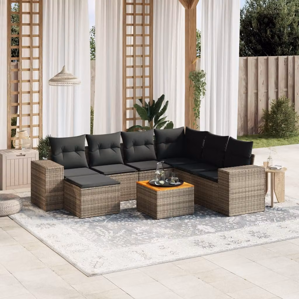 vidaXL Set Divano da Giardino 8 pz in Polyrattan Grigio con Cuscini e Tavolino – 1