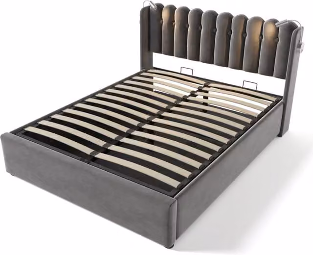 Letto matrimoniale imbottito in velluto grigio 140x200 cm con luce da lettura e funzione di ricarica USB, struttura con contenitore e rete a doghe