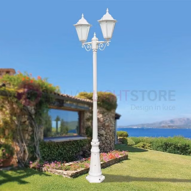 DAFNE BIANCO Lampione h.221 a 2 Luci con Lanterne Esagonali per Esterno Giardino
