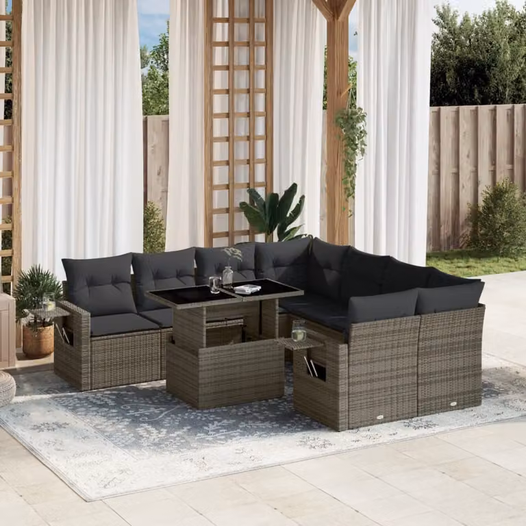 vidaXL Set Divano da Giardino a L 9 pz in Polyrattan Grigio con Cuscini e Tavolino