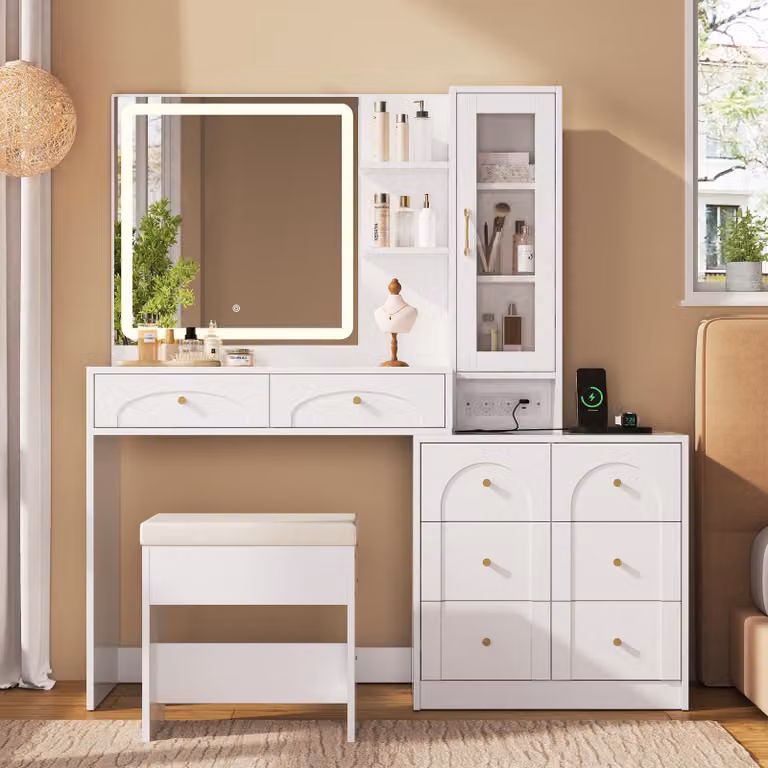 Comò da trucco grande con specchio a LED, presa di corrente, 8 cassetti e sgabello – Comò moderno con 2 ripiani e 1 vetrina