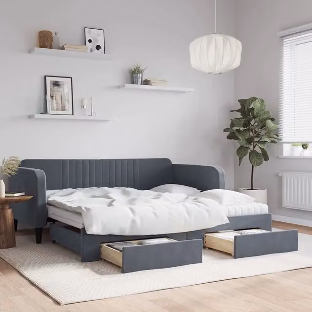 Divano Letto Estraibile con Cassetti vidaXL in Velluto Grigio L/P/H: 90 x 190 cm – 1