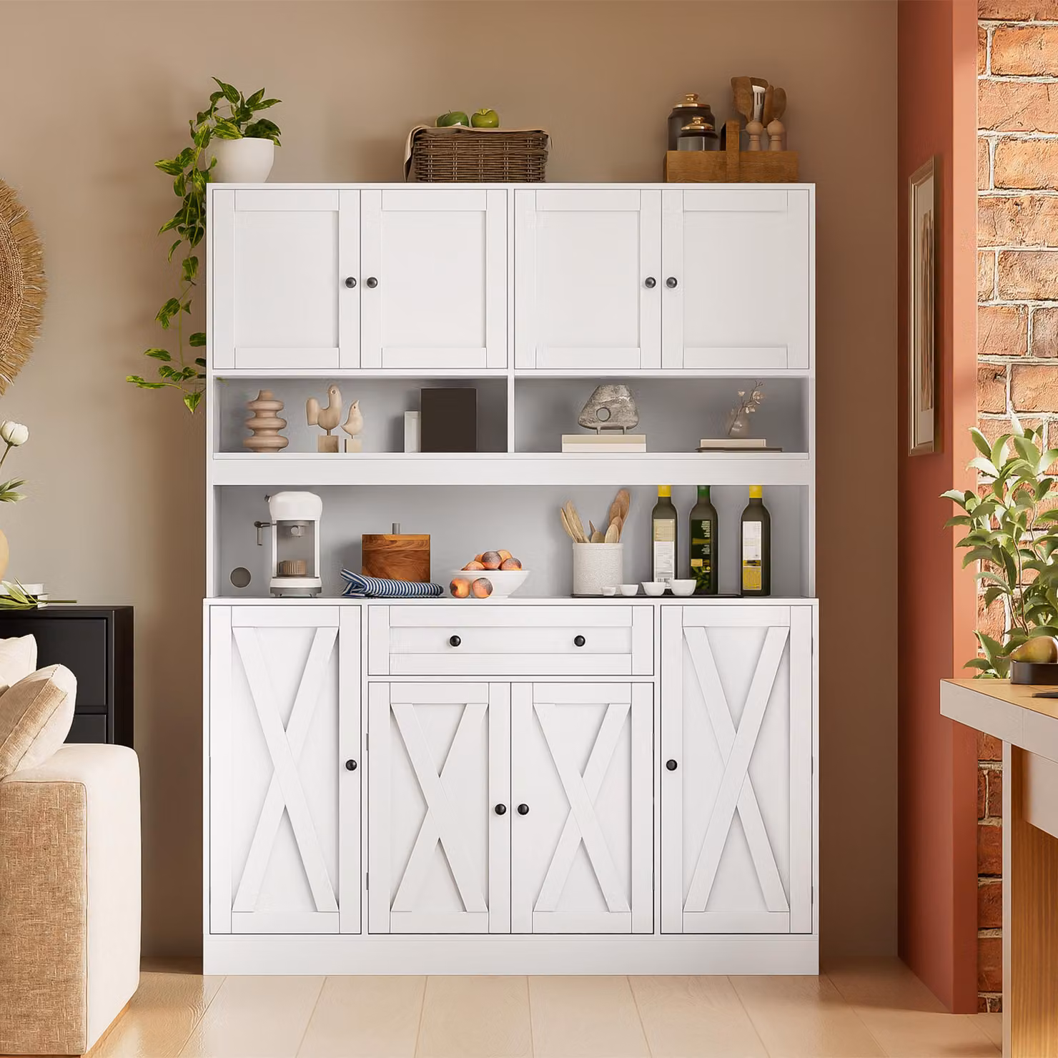 Mobiletto da cucina con piano di lavoro, credenza da cucina con presa di corrente e cassetto, mobiletto contenitore con ripiani interni e anta, dimensioni 140x40,1x184,7 cm, colore bianco