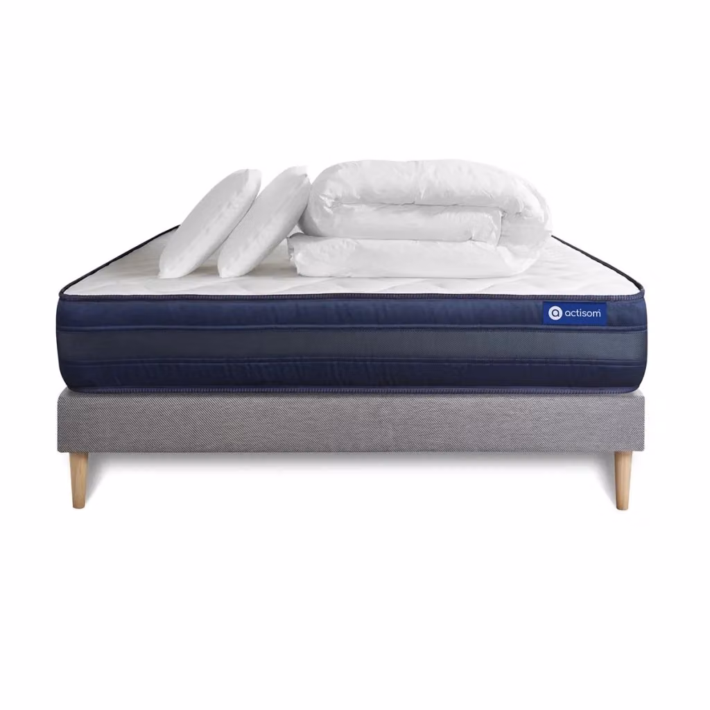 Kit letto completo Actisom Actiflex Tech con materasso ibrido, box spring con doghe, 2 cuscini e piumino, colore grigio, L/P: 180 x 200 cm – 2