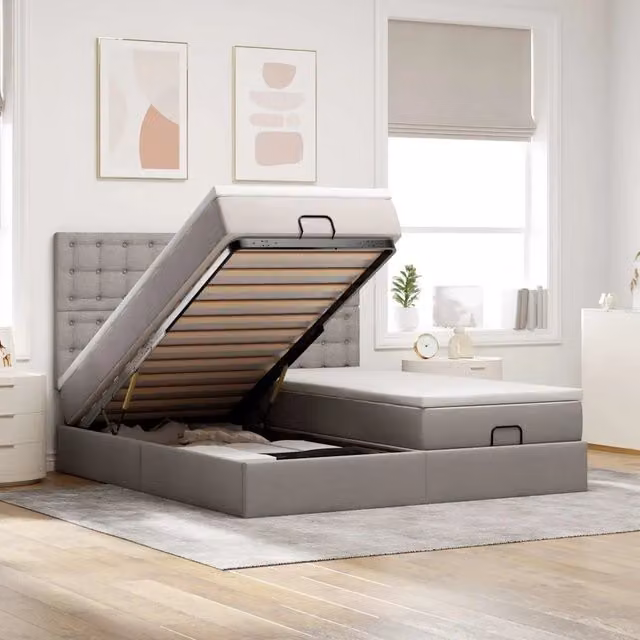 Letto con contenitore a sollevamento e pouf vidaXL in tessuto con porta USB e illuminazione sottostante, L/P/H: 203 x 160 x 128 cm