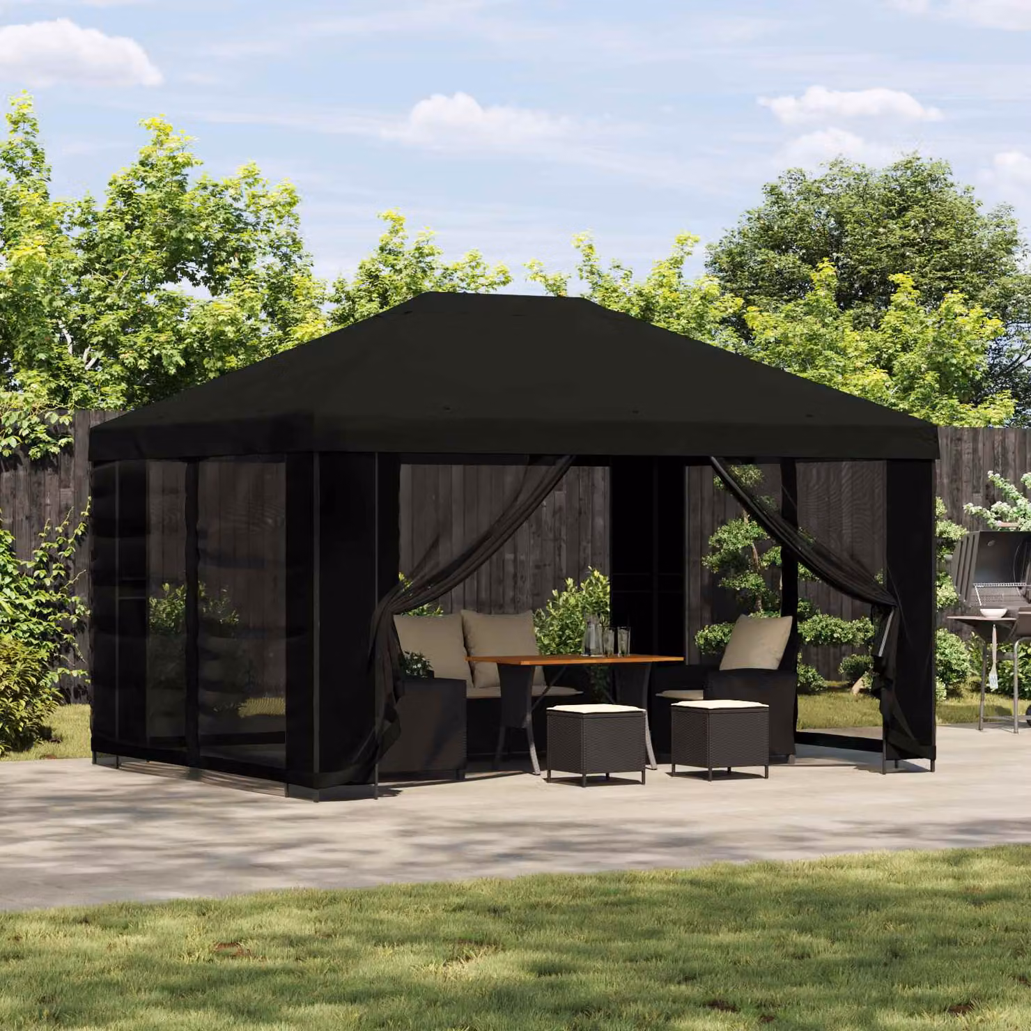 Gazebo vidaXL con pareti laterali in poliestere e acciaio nero L 4 m x P 3 m x H 2,76 m