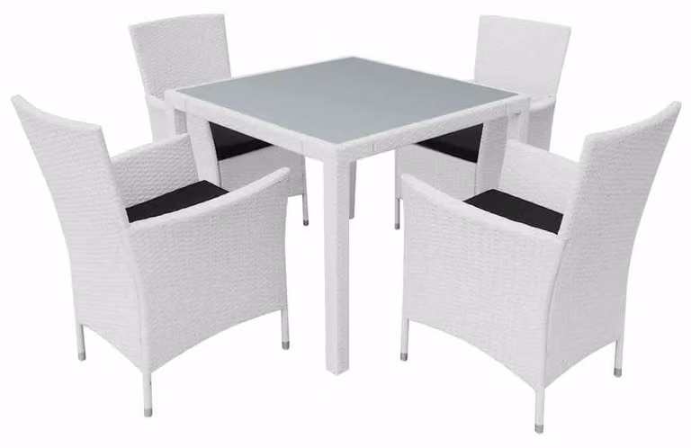 Set da giardino 5 pezzi, bianco - Tavolo da 90 cm - Materiale simile al rattan in polietilene - Con piano in vetro temperato