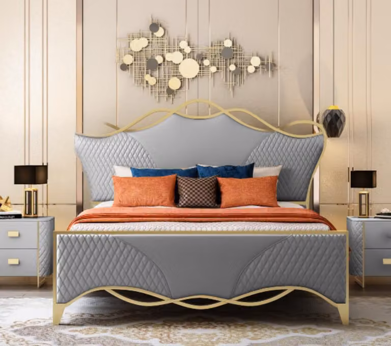 Stilvolles Schlafzimmer Bett Designer Kunstleder Doppelbett Holzgestell