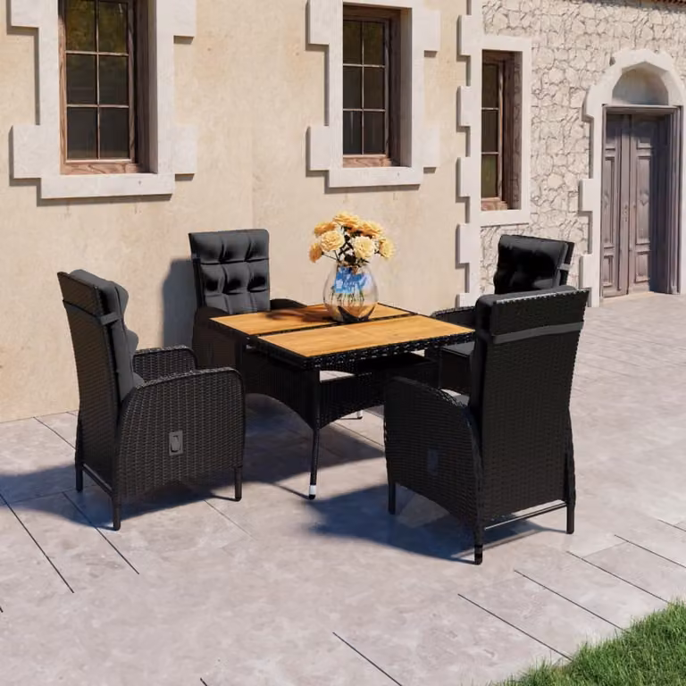 The Living Store Set da pranzo da giardino 5 pezzi in poly rattan e legno di acacia nero