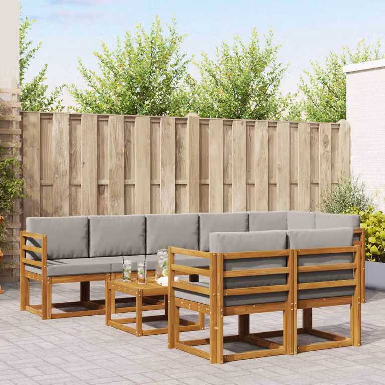 Set di divani da esterno vidaXL 9 pz a forma di L in legno di acacia con cuscini Grigio e Marrone