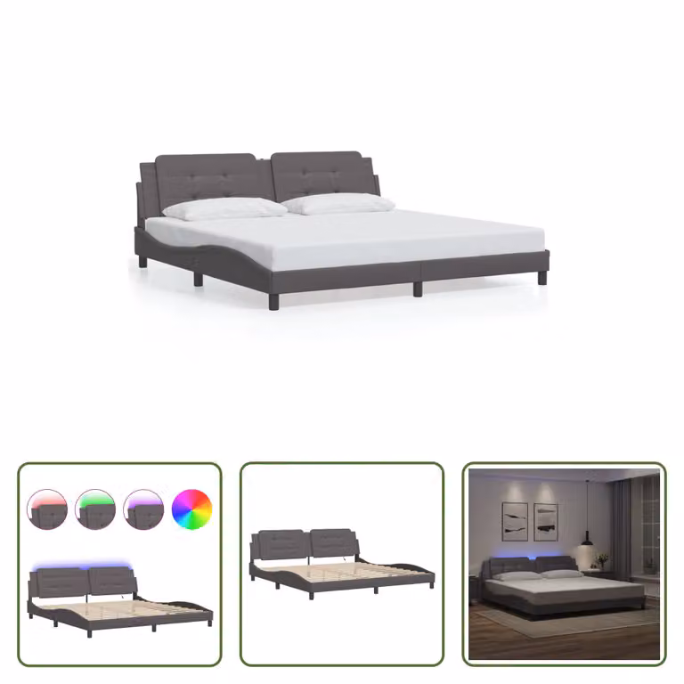 The Living Store Struttura letto con LED grigio 200x200 cm in ecopelle