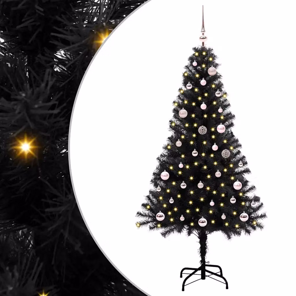 Albero di Natale moderno vidaXL nero in PVC con luci LED bianco caldo, altezza 150 cm