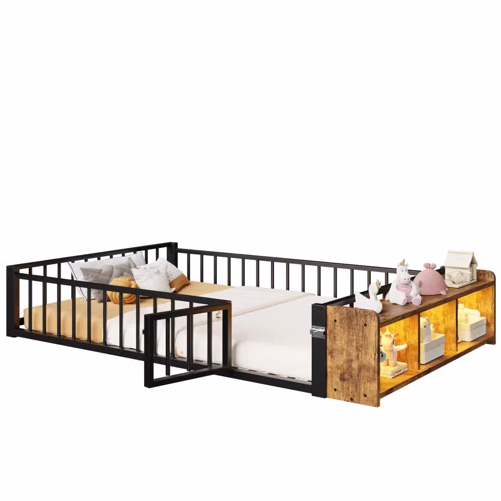 Letto Matrimoniale Moderno con Sponda, Vano Laterale e Illuminazione LED in Metallo e MDF, Nero, 140 x 200 cm – 2