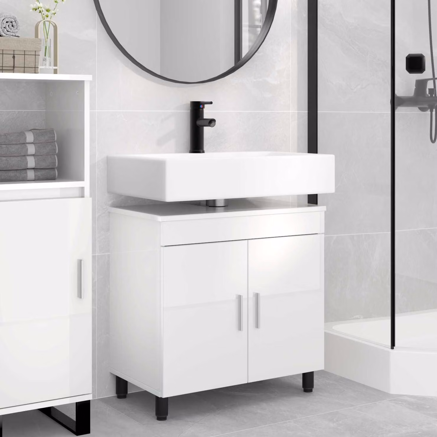 vidaXL Mobiletto da bagno moderno in MDF bianco lucido L: 60 cm, P: 35 cm, H: 60 cm