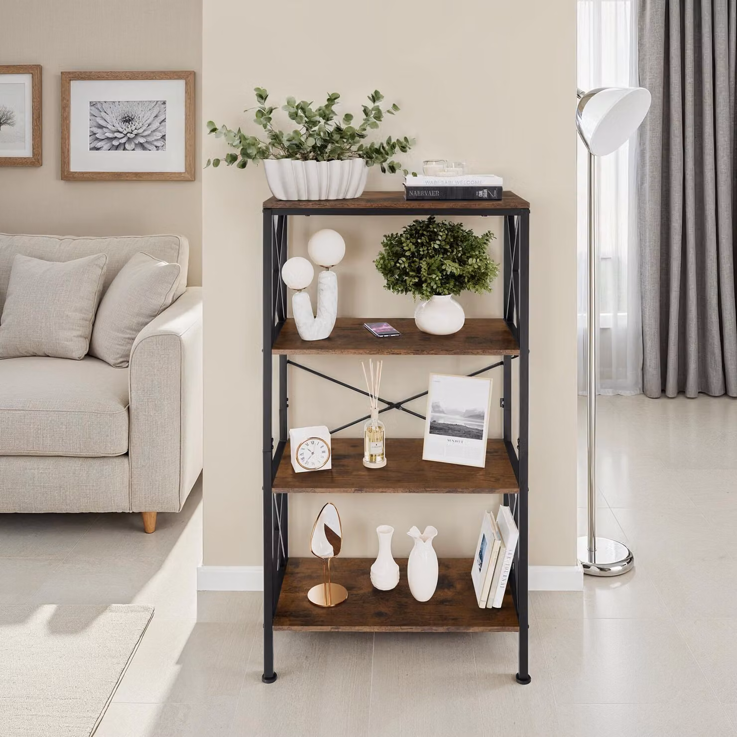 Libreria Barry Tectake in stile industriale con finitura opaca, colore nero e marrone, L: 61,5 cm, P: 31,5 cm, H: 133,5 cm – 1