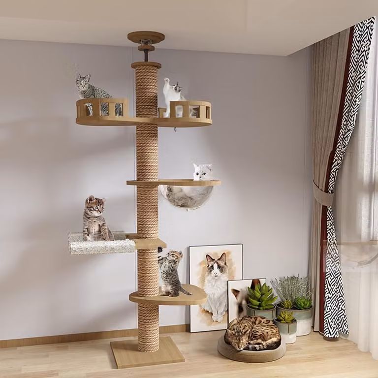 Albero per gatti in legno, regolabile, da pavimento a soffitto