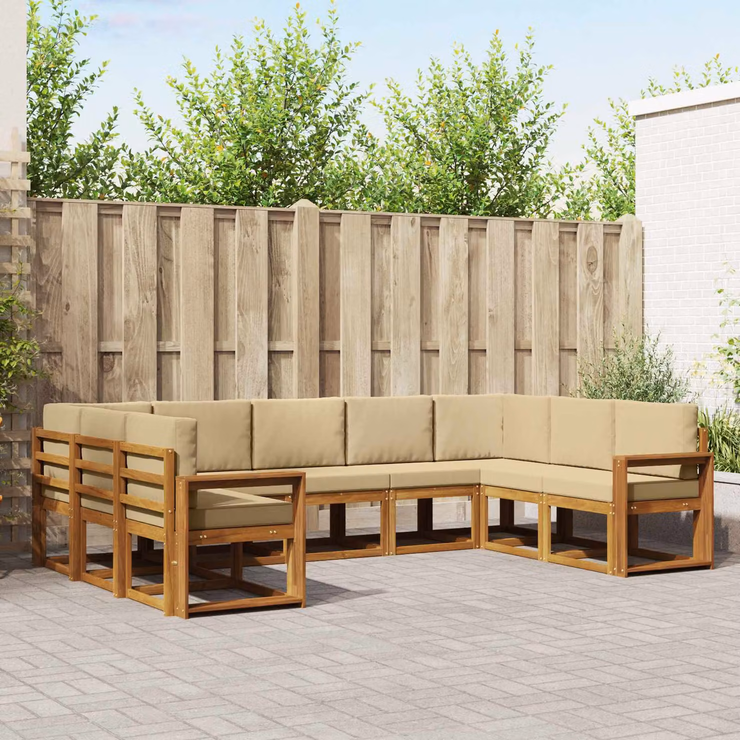 Set di divani da esterno vidaXL a forma di L in legno di acacia con cuscini, 9 pezzi, Beige e Marrone