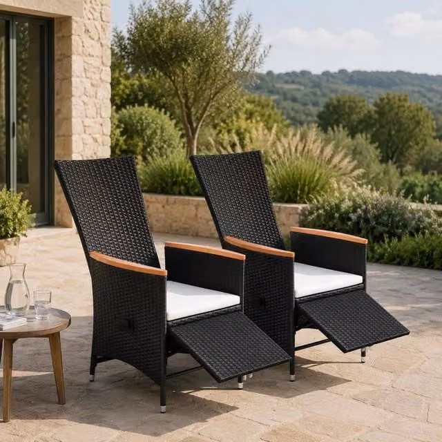 Garden Loungers, 2 Pieces, With Cushions, Poly Rattan, Black