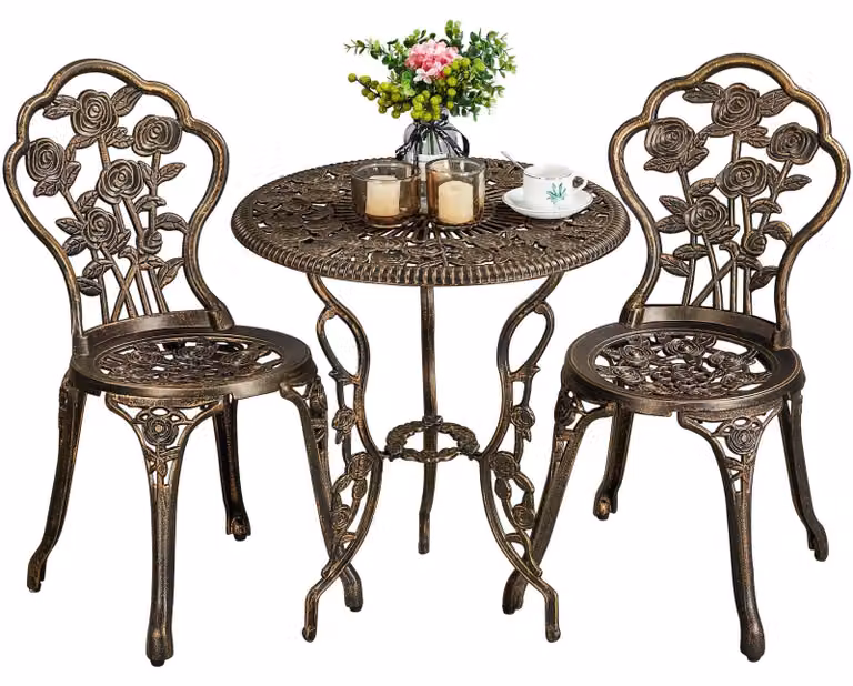 Set da giardino bistrot - Set mobili da giardino - Alluminio pressofuso color bronzo antico - 3 pezzi con foro per ombrellone