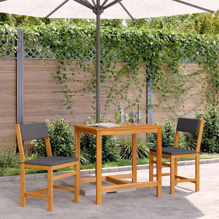 Set da balcone vidaXL in legno di acacia con cuscini, 3 pezzi, marrone e grigio