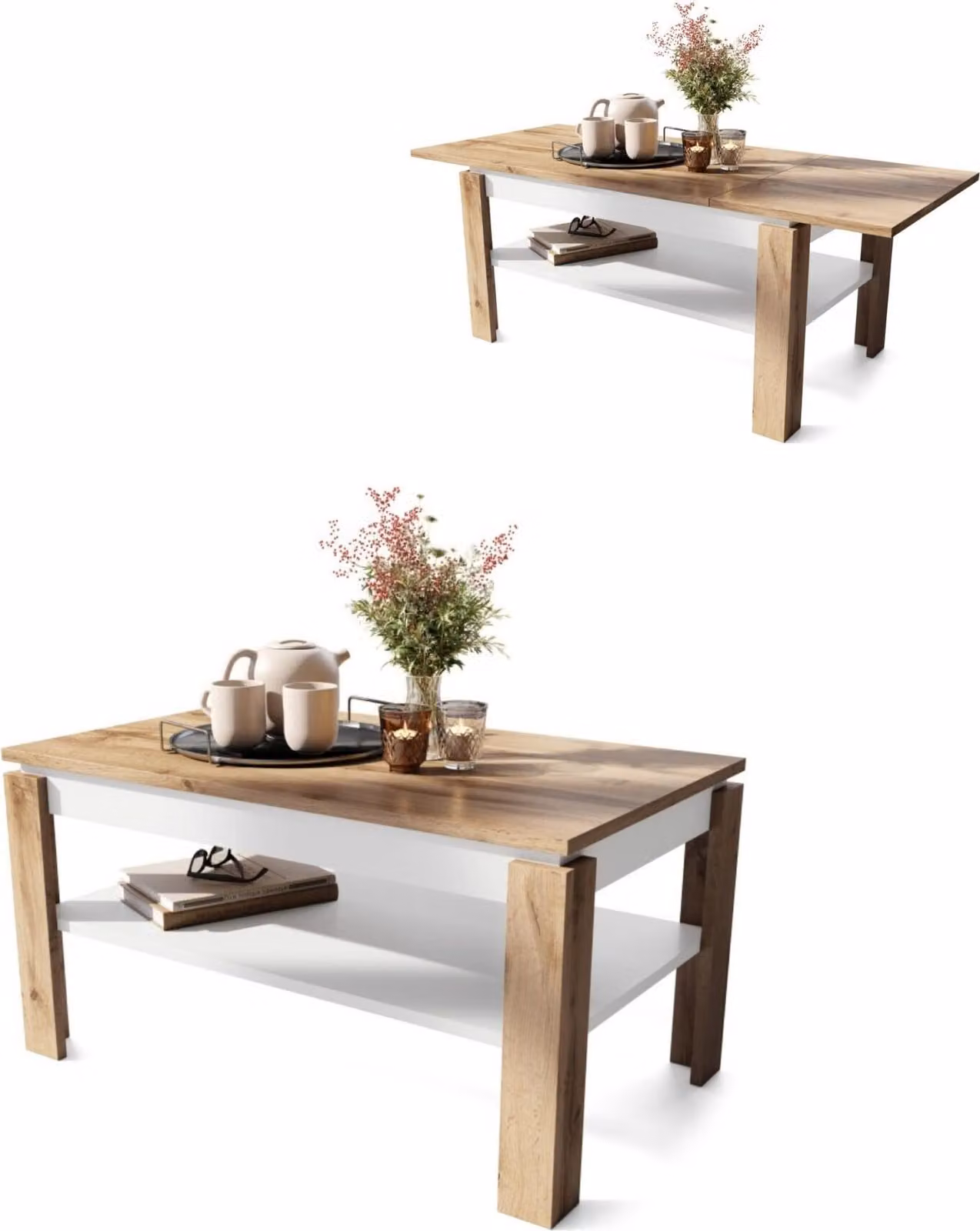 Tavolino da salotto All4All Asti, R, tavolino da salotto, tavolino da caffè, tavolino da salotto con vano portaoggetti, tavolino da divano con ripiano, allungabile fino a 140 cm, 100x60 cm, Wotan + Bianco 05