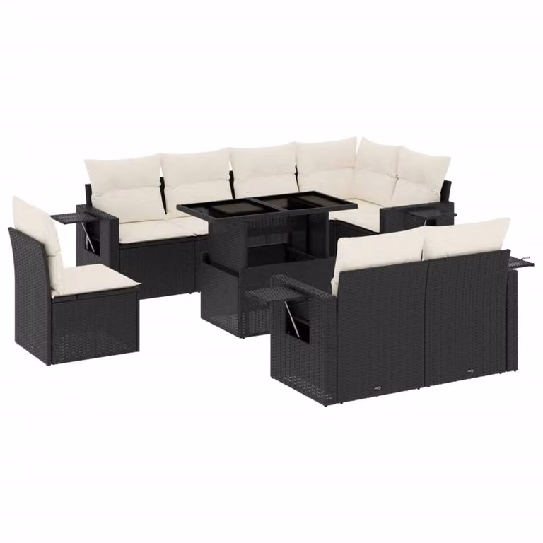 Set Divani da Giardino 9 pz con Cuscini Nero in Polyrattan