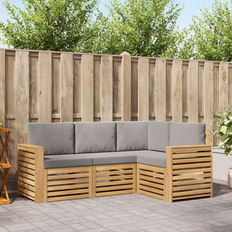 Set di divani da esterno vidaXL a forma di L composto da 4 pezzi in legno di acacia e tessuto bianco e grigio