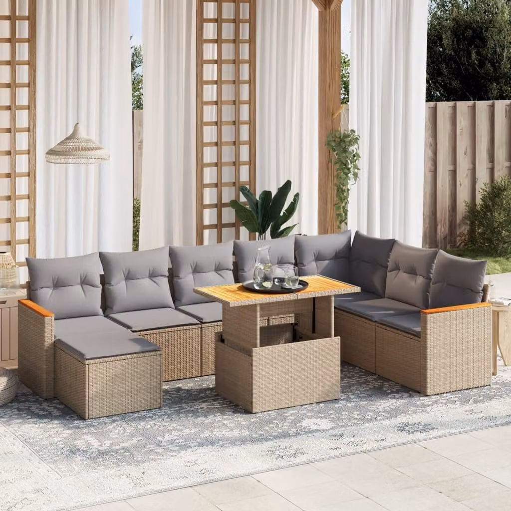 vidaXL Set Divano da Giardino a L 9 pz in Polyrattan con Cuscini Beige e Tavolino da Caffè – 1