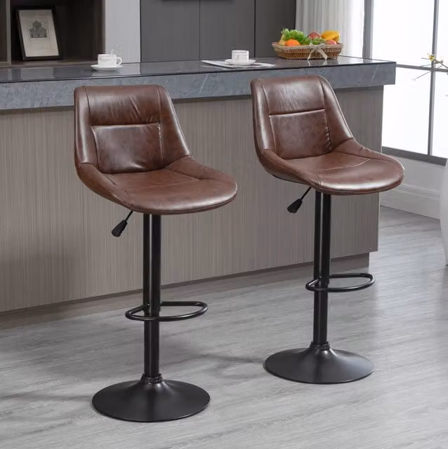 Set di 2 sgabelli da bar regolabili in altezza con schienale, rivestimento in ecopelle marrone vintage, girevoli 360°, perfetti per cucina e bar