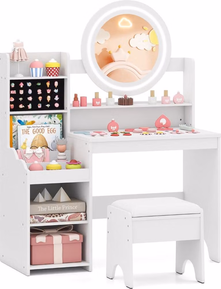 Tavolo da toeletta per bambini con specchio e luce, bianco, contenitore e sgabello