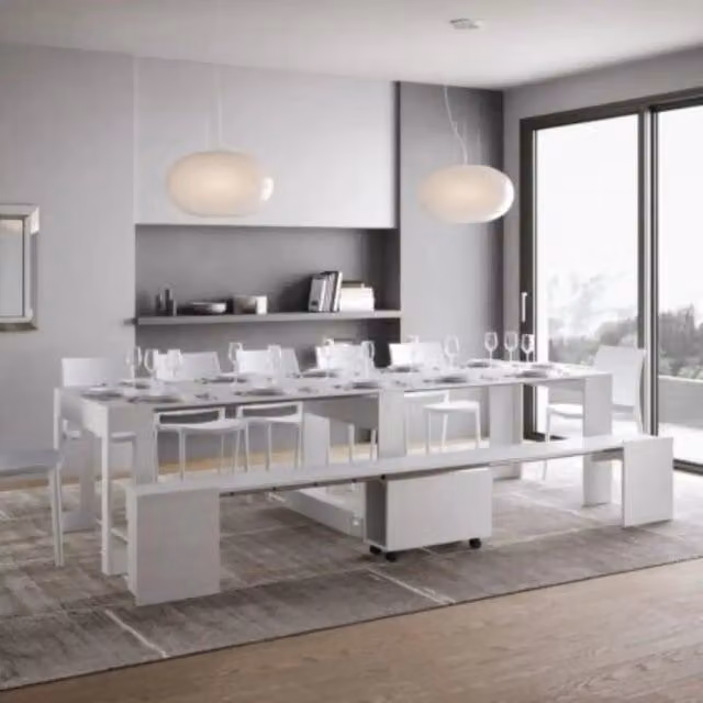Consolle allungabile Evolve Itamoby bianco frassino con panca inferiore L: 90-302 cm, P: 42 cm, H: 75 cm