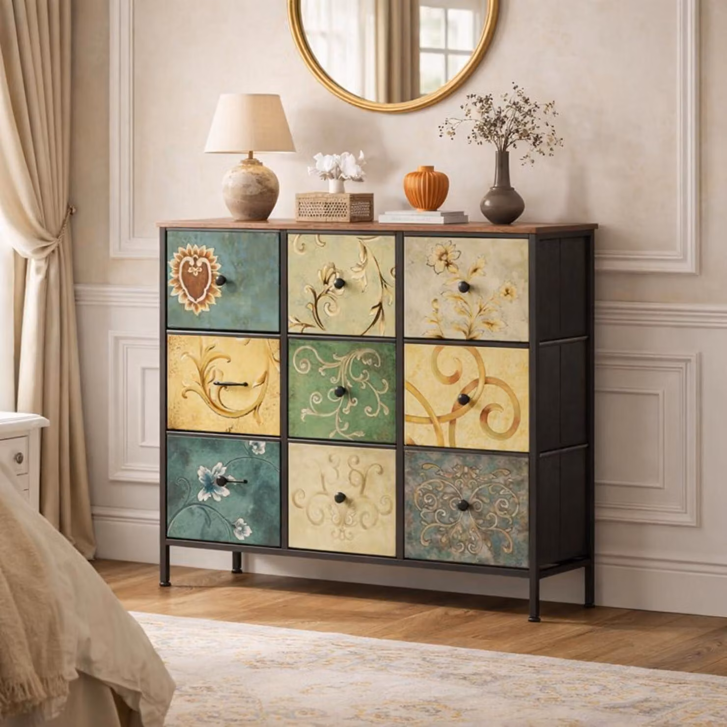 Comodino con 9 cassetti rivestiti in tessuto, comodino sottile per la camera da letto con struttura in metallo e piano in legno, stile vintage bohémien