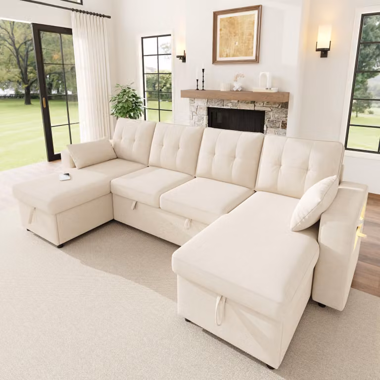 Divano angolare MODFU, divano letto a forma di "U", divano modulare a 4 posti con funzione letto, spazio contenitivo sotto le chaise longue, divano relax con illuminazione LED e porta USB Type-C, tessuto in chenille, color beige