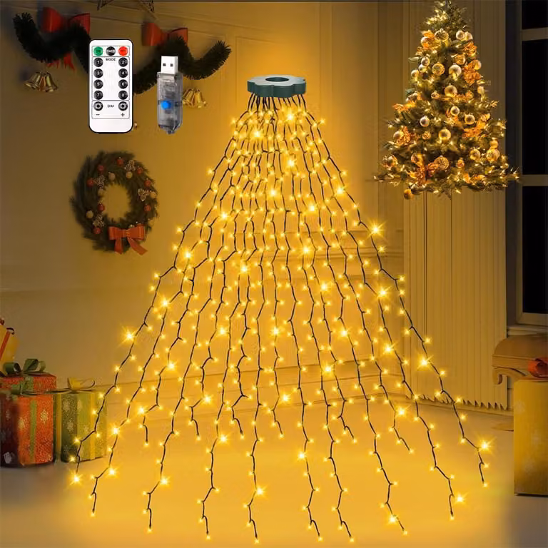 Catena luminosa con 280 LED, 8 fili, 2 metri, grado di protezione IP44, luce bianco caldo, 8 modalità