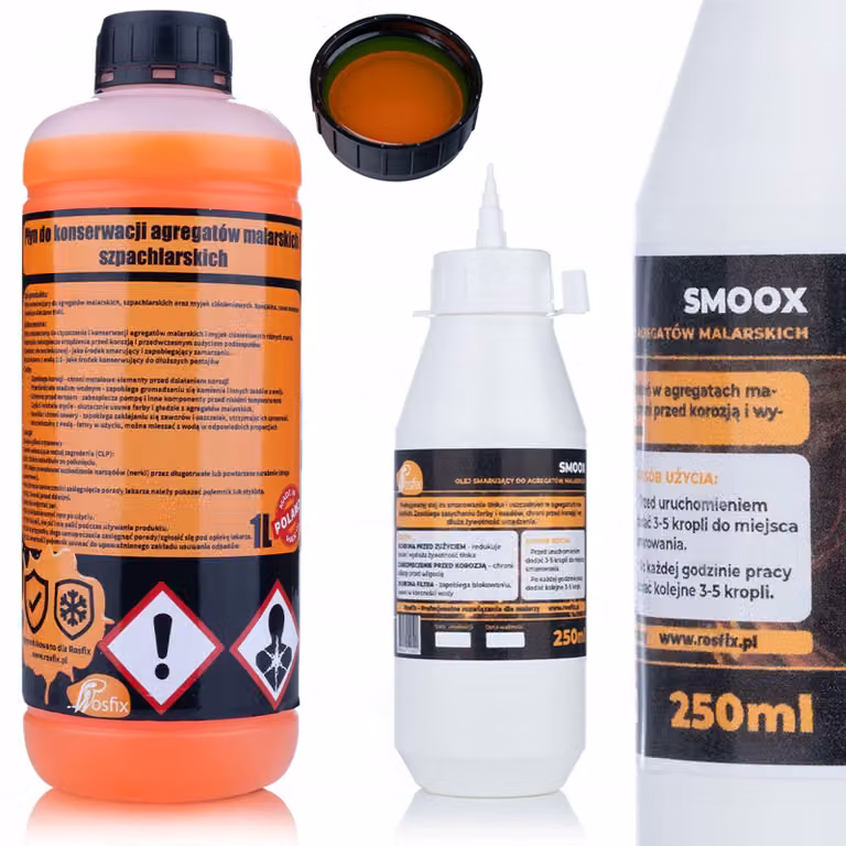 Rosfix Kit di manutenzione per spruzzatori a pressione – Olio Smoox 0,25 L + Liquido 3 in 1 1 L | Prolunga la durata | Compatibile con Graco e Wagner
