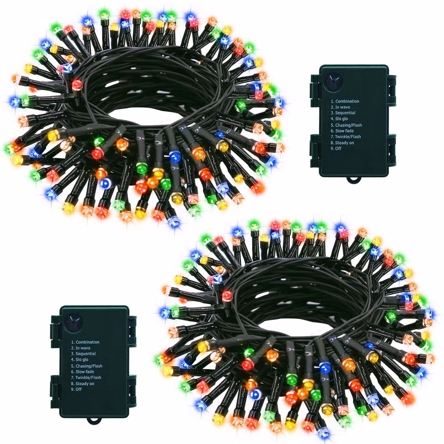 Confezione da 2 catene luminose da 7 metri con 70 LED, alimentate a batteria, con timer, 8 modalità e luci multicolore