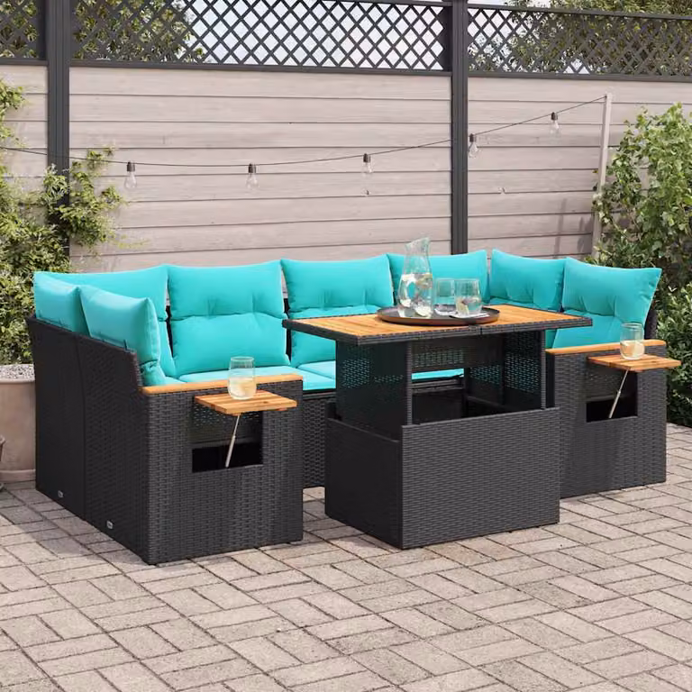 Set Divano da Giardino a L vidaXL con 7 Cuscini Blu e Nero in Polyrattan e Acciaio