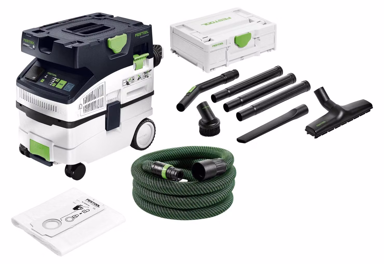 Festool CTM MIDI I CLEANTEC Aspiratore mobile 1200 Watt 15 l Classe di polvere M + RS-ST D 27/36-Plus Set di pulizia standard