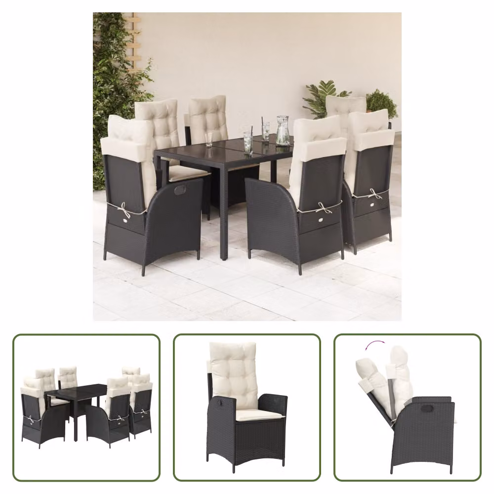 The Living Store Set da pranzo da giardino 7 pezzi con cuscini in polirattan nero