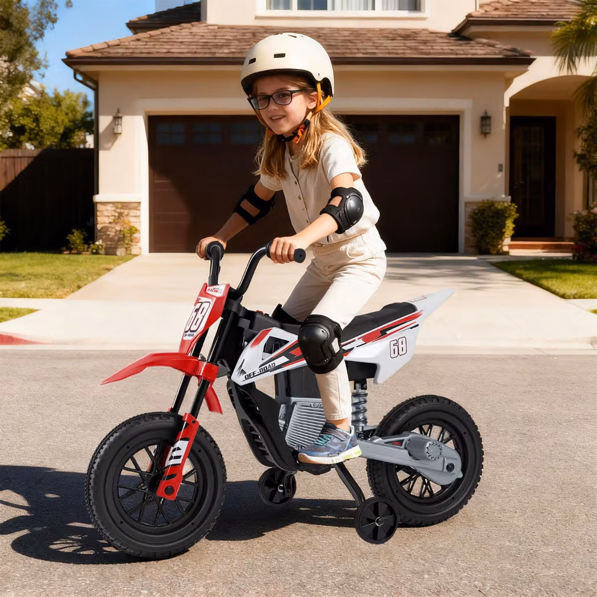 Moto elettrica Costway per bambini 12V con ruote di allenamento rimovibili, sospensioni a molla, luci e musica, colore Rosso